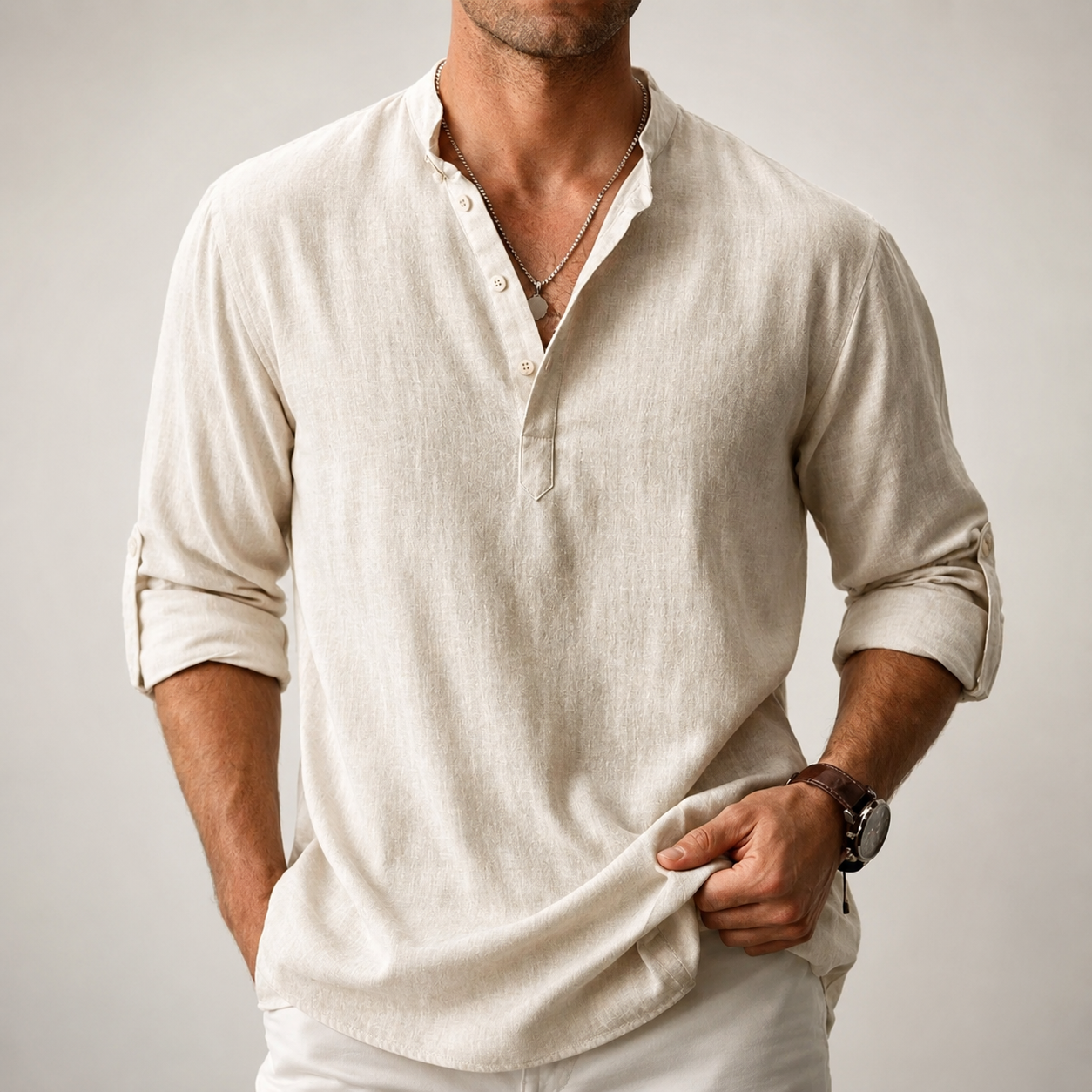 Men’s Stand Collar Half Button Linen Blend Long Sleeve Henley Shirt
