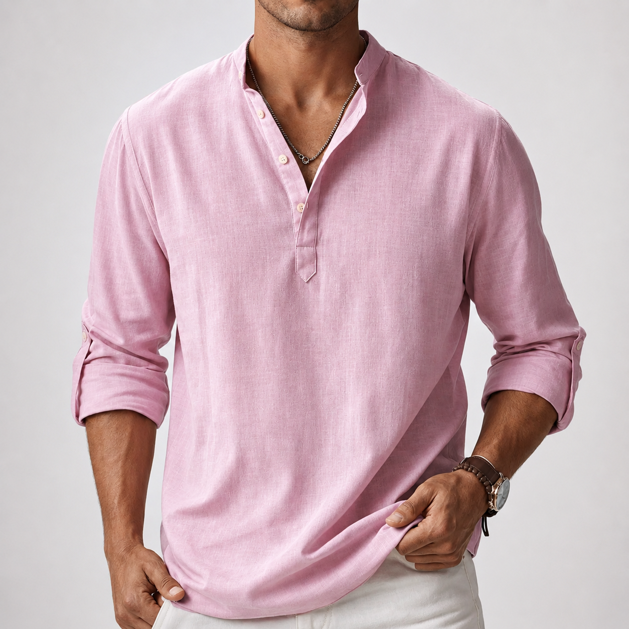 Men’s Stand Collar Half Button Linen Blend Long Sleeve Henley Shirt