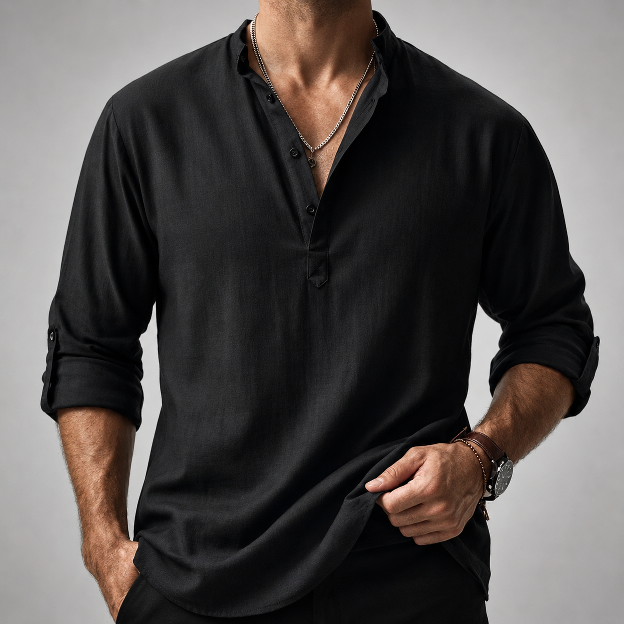 Men’s Stand Collar Half Button Linen Blend Long Sleeve Henley Shirt