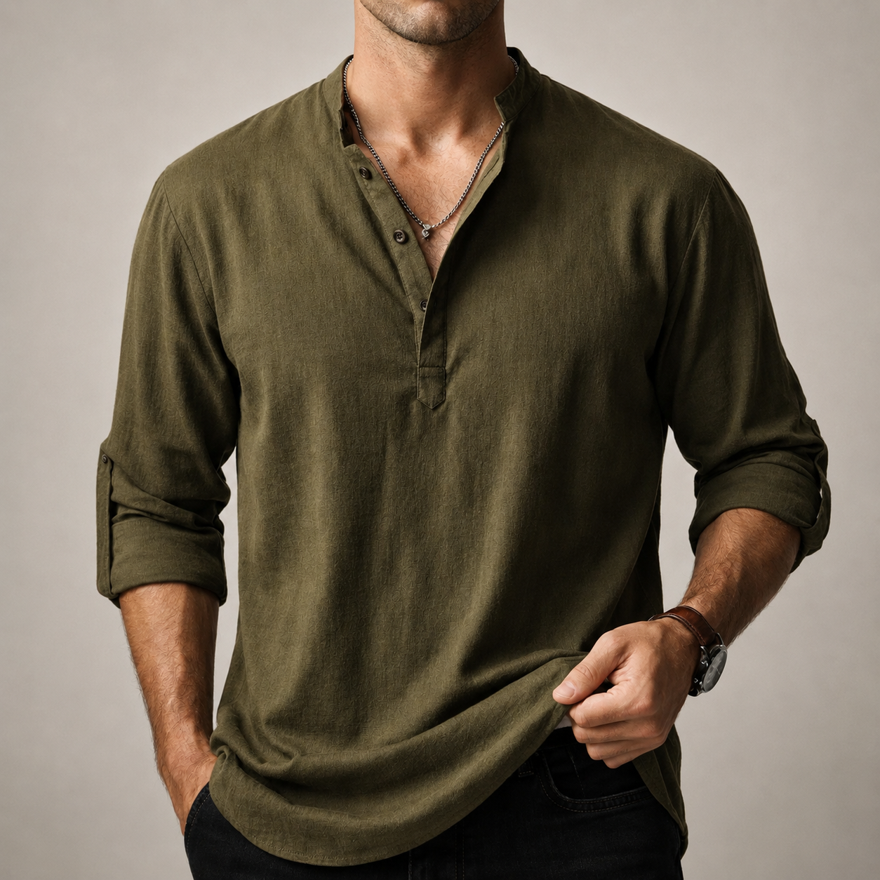 Men’s Stand Collar Half Button Linen Blend Long Sleeve Henley Shirt