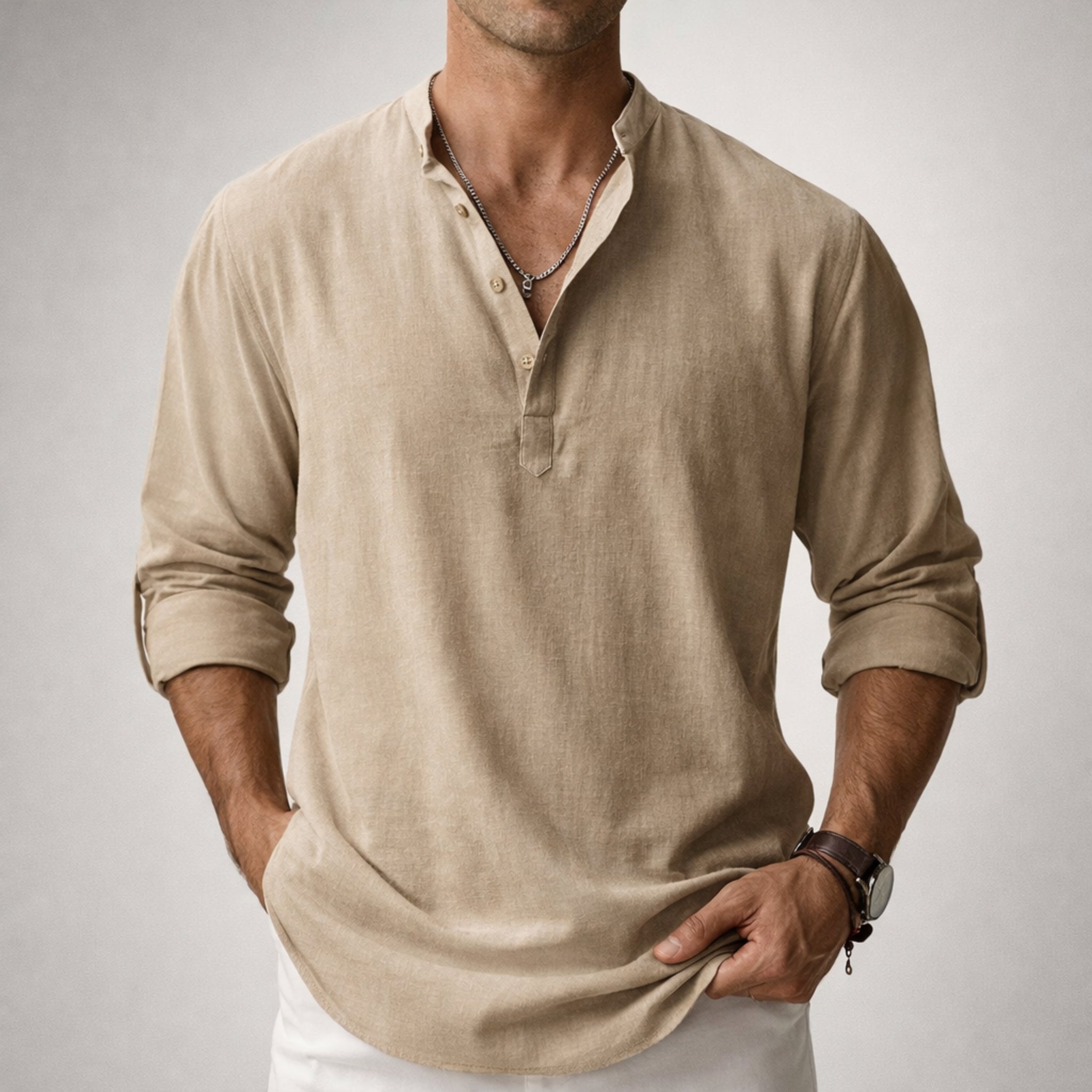 Men’s Stand Collar Half Button Linen Blend Long Sleeve Henley Shirt