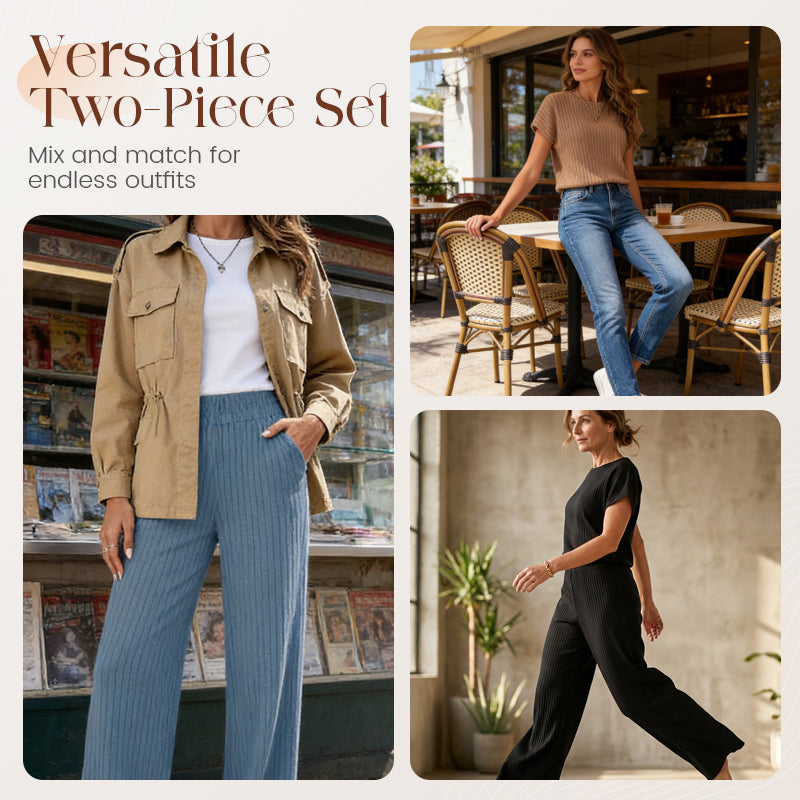 👗40% OFF！！✨Women's Ribbed Knit Top & Wide-Leg Pants Set